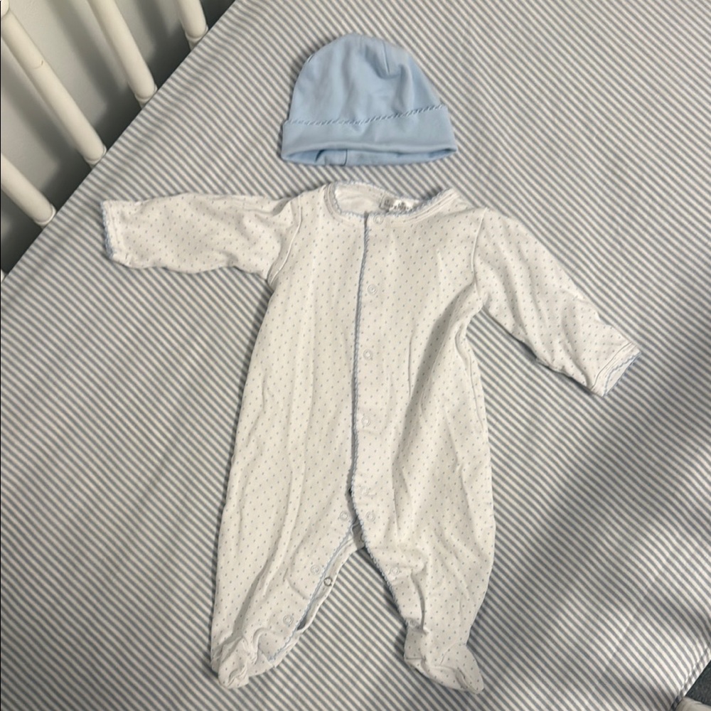 Kissy Kissy White and Blue Dot Print Footie & Kissy Kissy Blue Hat